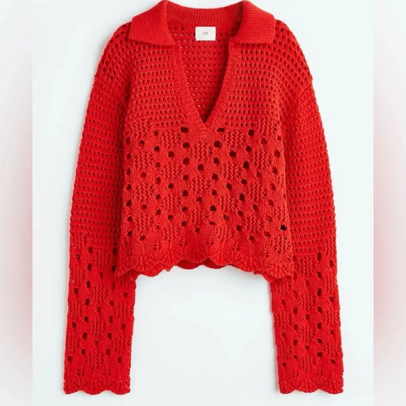 H&M sweater crochet pointelle knit cotton long sleeve top scalloped collar - Picture 7 of 7